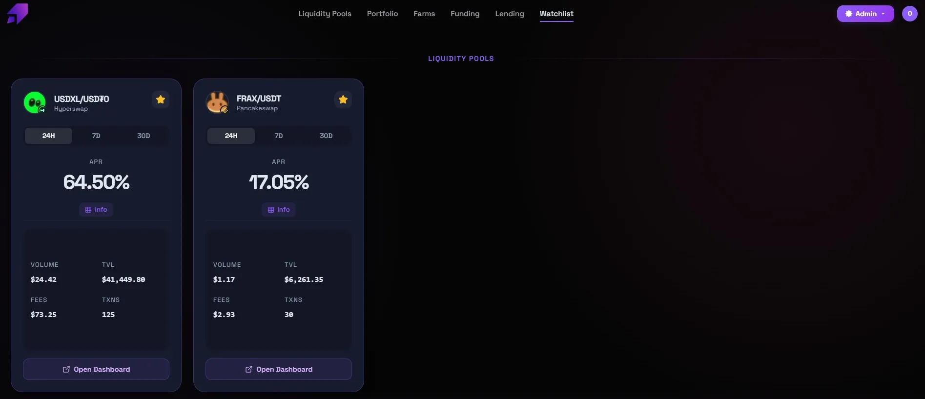 Orwee watchlist comparing favorite liquidity pools